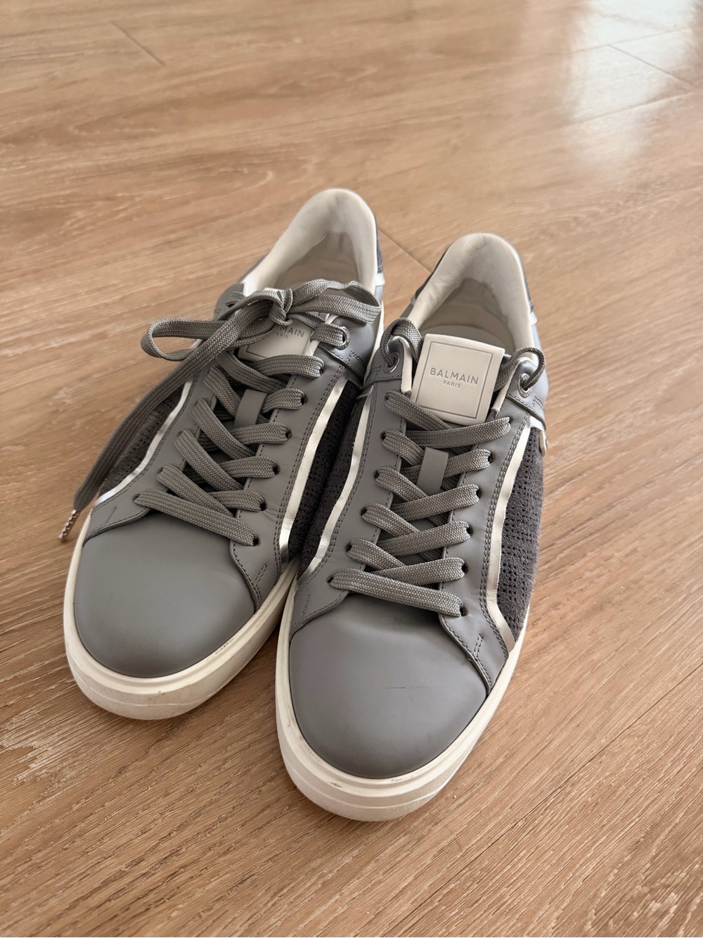 Balmain Gray Leather & Mesh Low-Top Sneakers with White Soles